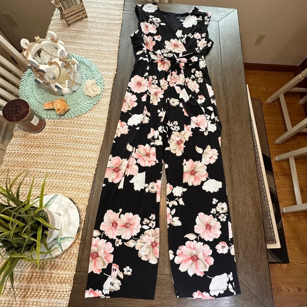 Jessica Howard Floral‎ Jumpsuit Wide Leg Sleeveless Black Pink 1X